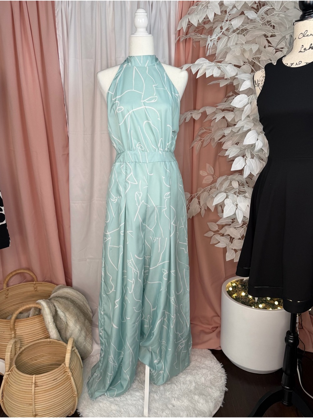✨ Seafoam Green Abstract Line Art Halter Jumpsuit